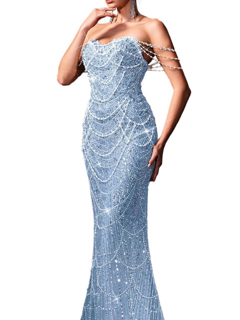 Sweetheart Beaded Light Blue Prom Gown